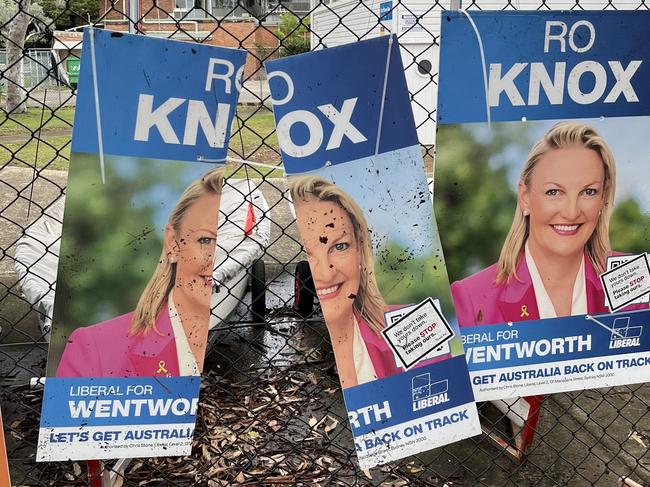The slashed posters at Rose Bay, behind the pre poll station . for Wentworth courier