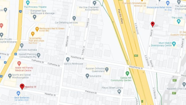 The location of two fires that broke out within 24 hours of each other in the suburb of Woolloongabba. Picture: Google Maps