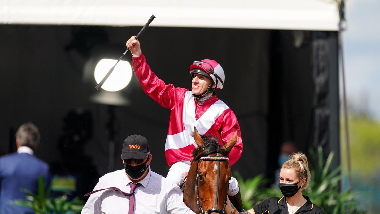 William Pike returns to the mounting yard aboard Arcadia Queen after winning the Neds Stakes at Caulfield Racecourse on October 10, 2020 in Caulfield, Australia. (Scott Barbour/Racing Photos via Getty Images)