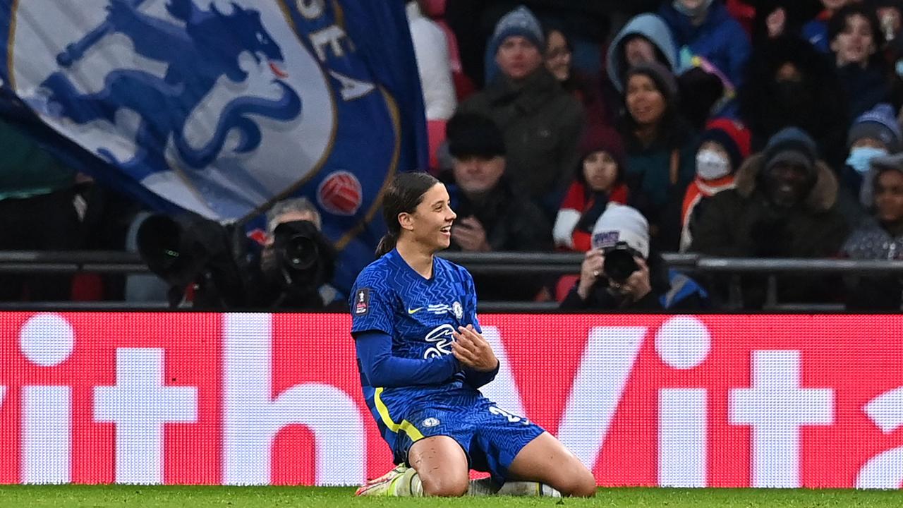 Sam Kerr celebrates after scoring Chelsea’s third goal. Picture: AFP