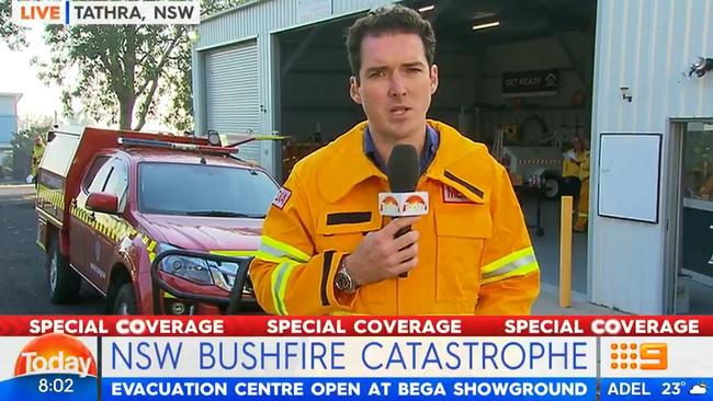 It’s got to be awkward: Peter Stefanovic reporting on the bushfires for Today this morning, as Karl and Georgie Gardner hosted in the studio. Picture: Channel 9