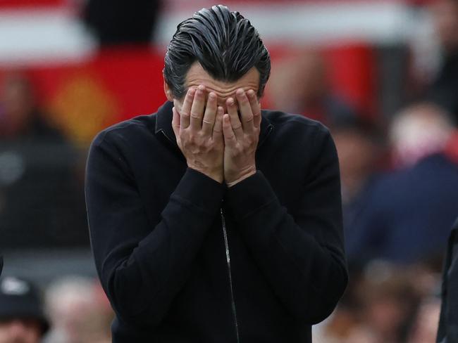 Aston Villa coach Unai Emery reacts after his side’s defeat to Manchester United. Picture: AFP