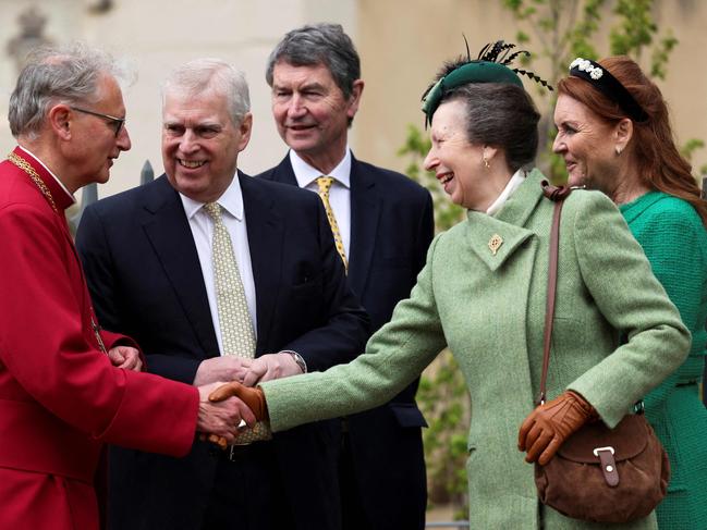 Prince Andrew, Vice Admiral Timothy Laurence, Princess Anne and Sarah Ferguson after the Easter service. Picture: AFP