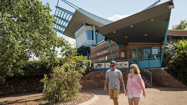 Visitors in front of the Window on the Wetlands visitor centre. Picture: Supplied