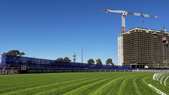 First pictures of the new “sight screen” at Eagle Farm, which is meant to stop horses shying at a building at the point of the home turn. Picture: Ben Dorries