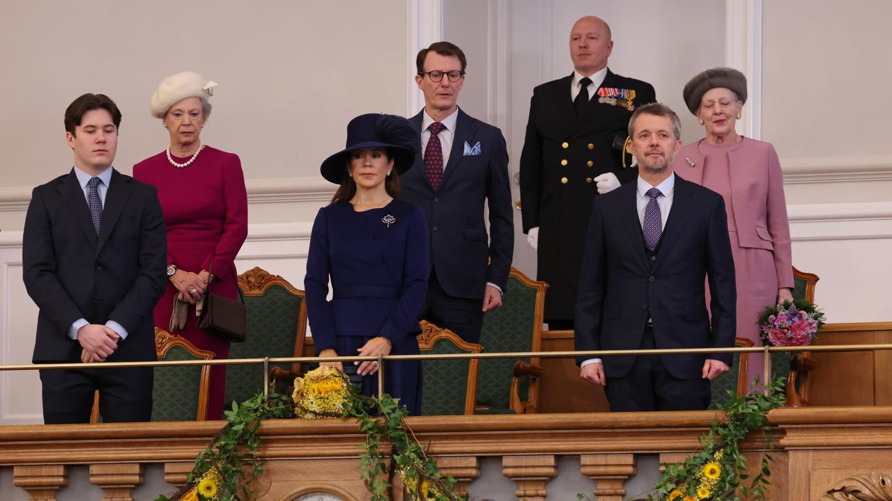 (First row, from L to R) Crown Prince Christian, Queen Mary and King Frederik X, (2nd row from L to R) Princess Benedikte, Prince Joachim and Queen Margrethe attend the Danish Parliament's celebration of Frederik's succession. Picture: Getty Images