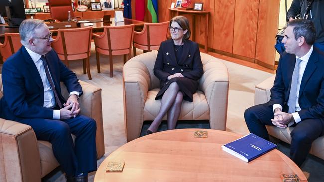 Anthony Albanese and Treasurer Jim Chalmers with RBA governor Michele Bullock in Canberra. Picture: Martin Ollman/NCA NewsWire