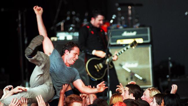 Crowd surfing during concert by Blink 182 at the Thebarton Theatre.