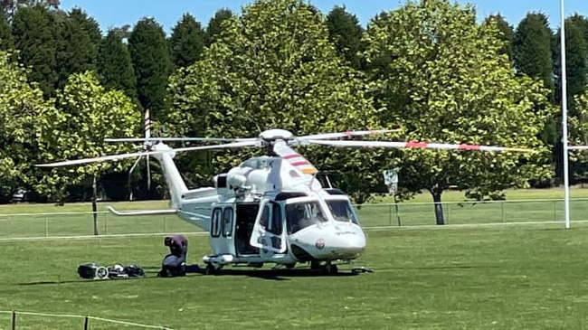 A rescue helicopter parked at Eridge Park to collect one of the women injured in the serious head-on collision at Burradoo. Picture: Tanya Collins