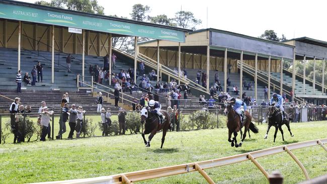 Race 1 on the Monday of this year’s Oakbank Easter Racing Carnival. Near empty stands watch Azurite win the Kloses/Melt Benchmark 82 Handicap on April 22. Picture: Dean Martin