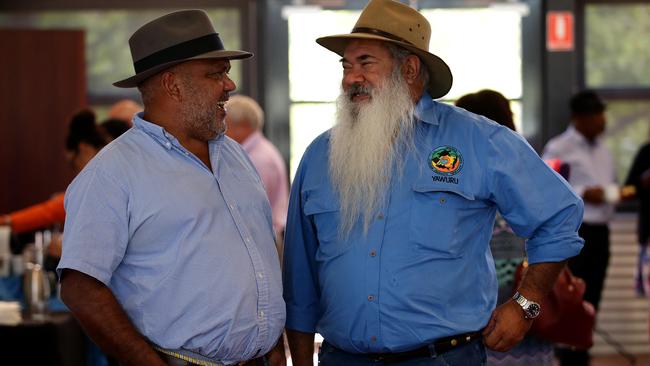 Indigenous Leader's Roundtable - Property Rights at Notre Dame Uni, Broome. Noel Pearson Founder and Director of Strategy, Cape York Institute with Pat Dobson (hat, white beard) Chair, Nyamba Buru Yawuru