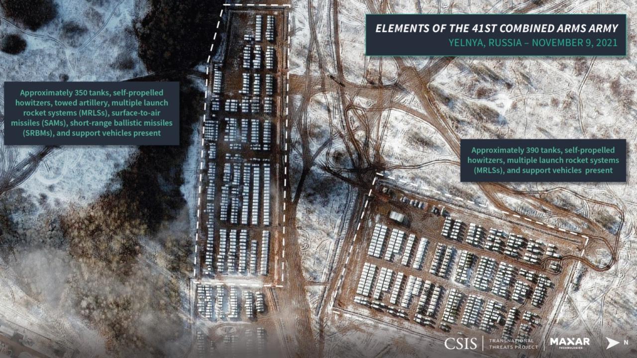 A satellite photo from November shows the scale of military build-up in Russia. Picture: Maxar Technologies