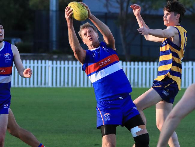 Troy Luff takes a mark in his 600th game. Picture: Leigh Gazzard