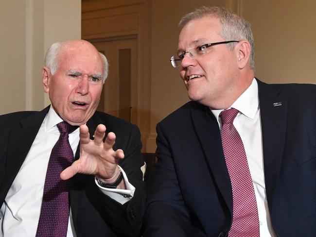 Former prime minister John Howard and Prime Minister Scott Morrison at the opening of the University of NSW Howard Library at Old Parliament House in Canberra, Tuesday, December 4, 2018. (AAP Image/Mick Tsikas) NO ARCHIVING