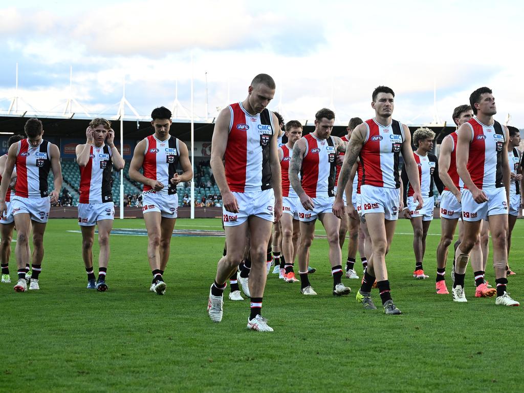 The Saints walk off the ground after last week’s loss to Hawthorn. Picture: Steve Bell/Getty Images