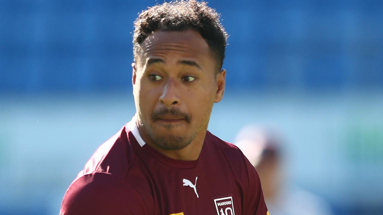 GOLD COAST, AUSTRALIA - JUNE 04: Felise Kaufusi passes during a Queensland Maroons State of Origin training session at Cbus Super Stadium on June 04, 2021 in Gold Coast, Australia. (Photo by Chris Hyde/Getty Images)