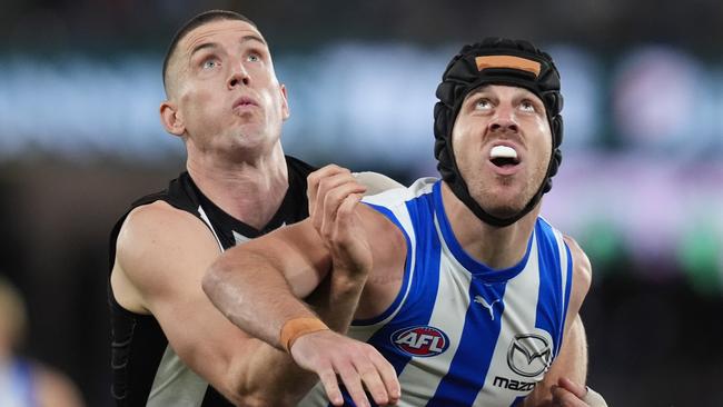 North Melbourne ruckman Tristan Xerri (right) says the Kangaroos have already moved on from the heartbreaking one-point loss to Collingwood. Picture: Daniel Pockett / Getty Images