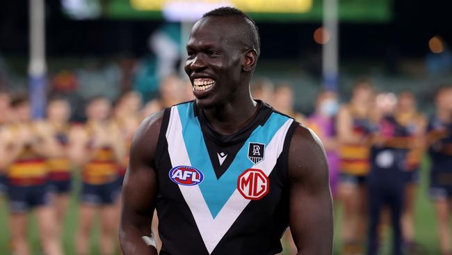 Aliir Aliir copped racial abuse after being best on ground in the Showdown. Picture: James Elsby/AFL Photos via Getty Images