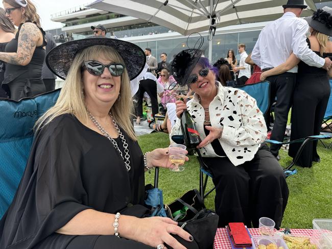 Karen Stanford and Leanne Bath at Flemington for Derby Day on November 2, 2024. Picture: Phillippa Butt