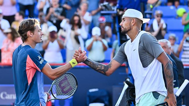 Alex de Minaur was reduced to a bystander in the Kyrgios sideshow as the Aussie no.2 demolished the no.1 in straight sets. Picture: Getty Images