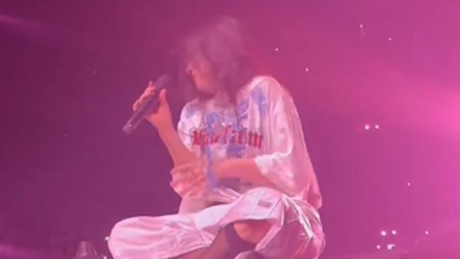 Billie Eilish hit in the face by a necklace during concert.