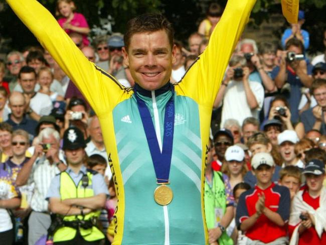 27/07/2002. Cadel Evans celebrates winning the gold medal in the 46.8km cylcling time trial at the Manchester Commonwealth Games.