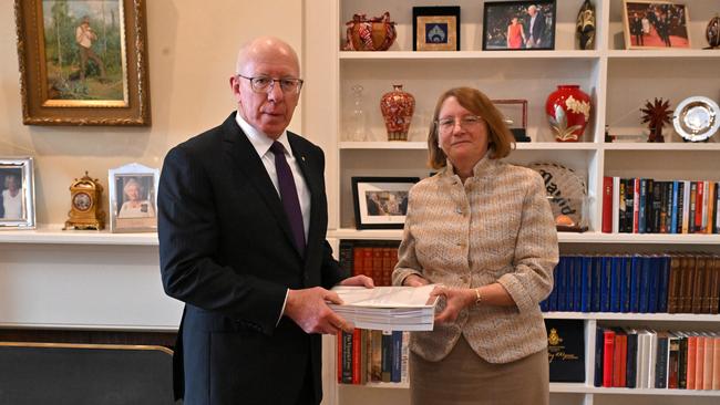 Commissioner for the Royal Commission into the Robodebt Scheme Catherine Holmes delivers her report to Governor-General David Hurley. Picture: AAP