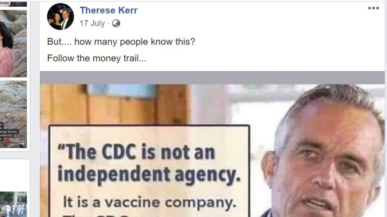 Therese Kerr posted anti-vaxxer Robert Kennedy Jr’s post about the CDC being a vaccine company. Picture: Facebook.