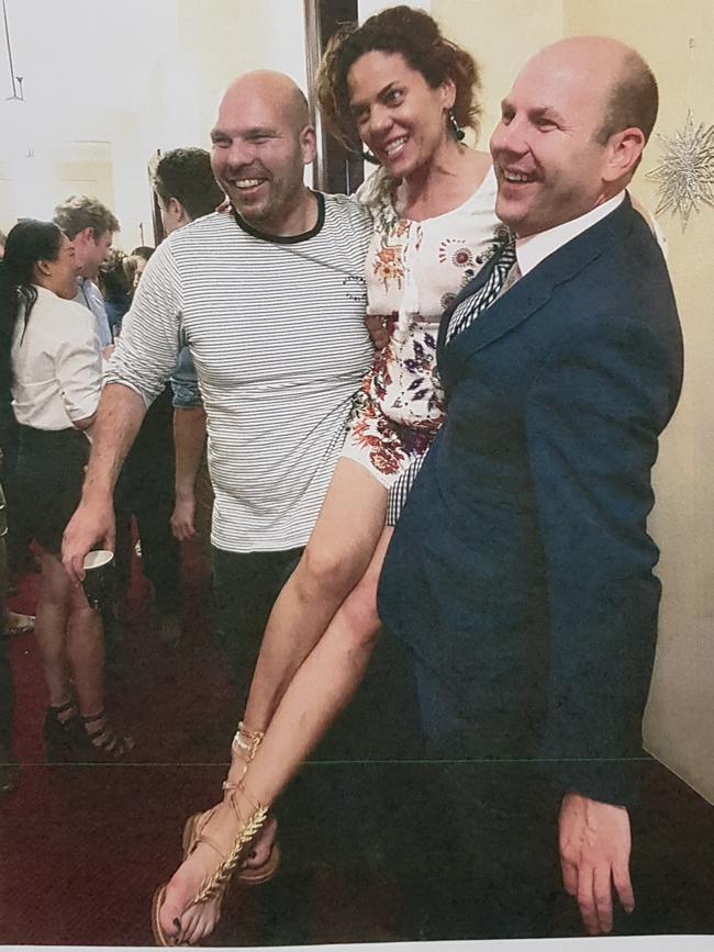 Labor MLC Justin Hanson, SA Best MLC Connie Bonaros and former Liberal MP Sam Duluk during the 2019 Christmas party at which Mr Duluk allegedly assaulted Ms Bonaros. Ms Bonaros alleges this was at the beginning of the escalating harassment by Mr Duluk. Source: Adelaide Magistrates Court