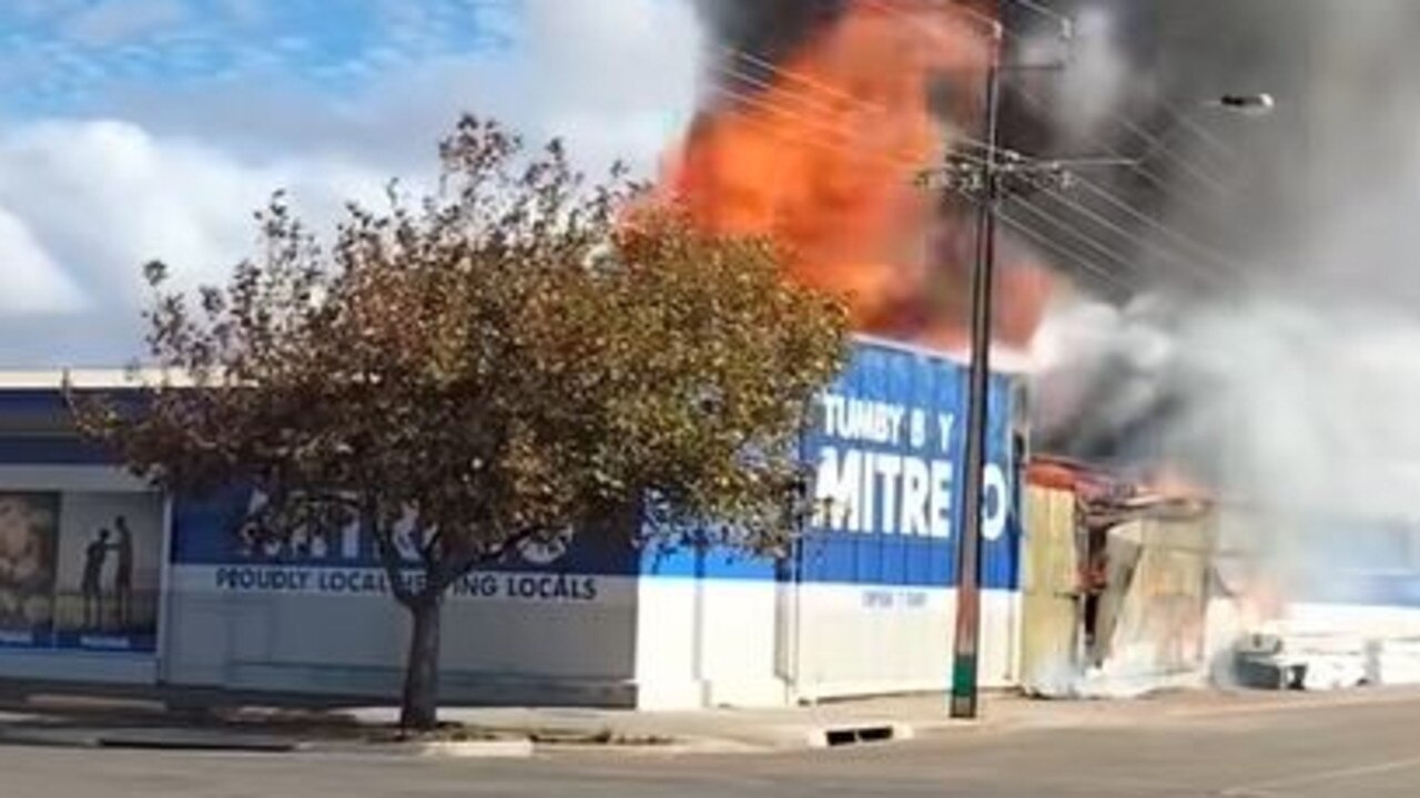 Fire crews battled an inferno at a hardware store on Eyre Peninsula. Picture: 7NEWS