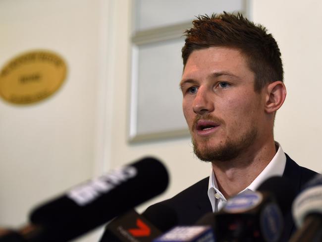 Cameron Bancroft at his emotional press conference.