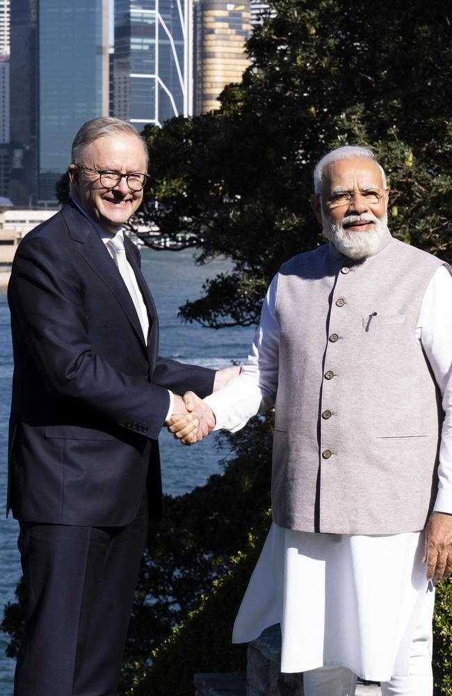 The PM with India’s Narendra Modi. Picture: Janie Barrett/NCA NewsWire