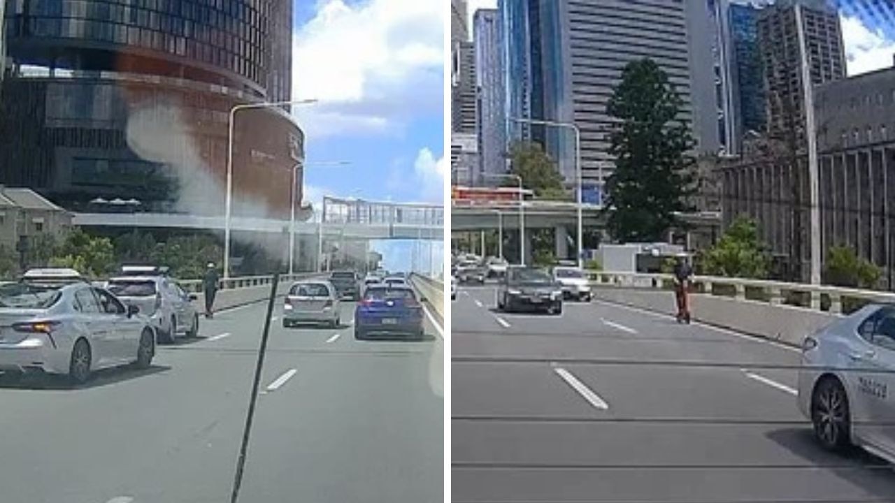 ‘Idiot’ e-scooter rider’s Brisbane motorway stunt caught on camera