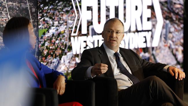 Pictured is Tom Forrest, Chief Executive Officer, Urban Taskforce speaking at the 2024 Daily Telegraph Future Western Sydney discussion panel and lunch held at Rosehill Gardens. Picture: Richard Dobson