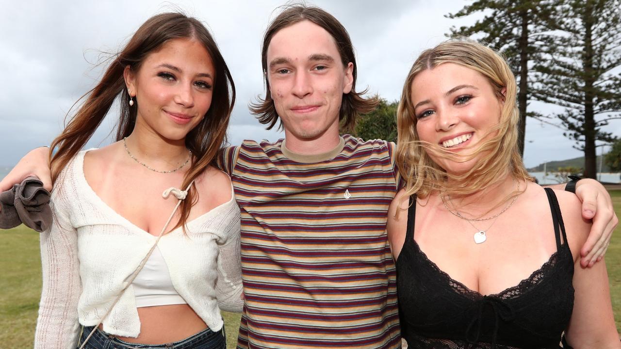 Melbourne schoolies Eva Carts, Clancy Rowen and Drew Benett in Byron Bay. Picture: Jason O'Brien