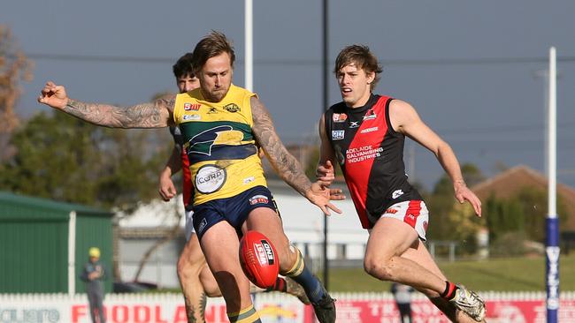 Woodville-West Torrens veteran Scott Lewis gets his kick away during the Eagles’ 23-point home win over West Adelaide on Saturday. Picture: AAP/Emma Brasier.