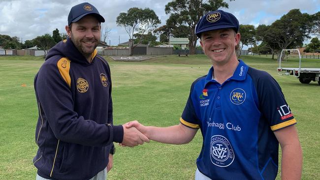 Wonthaggi Workers assistant coach Ryan Thomas congratulates Jarvis Harvey on his selection in Dandenong's Dowling Shield squad.