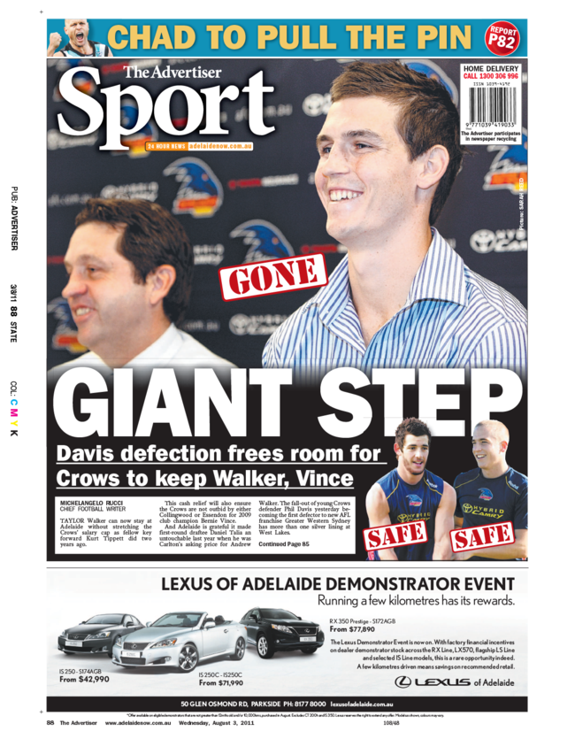 Backpage of The Advertiser from when Phil Davis left Adelaide.