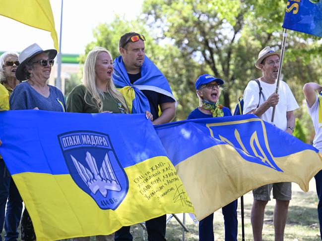 CANBERRA, AUSTRALIA  - NewsWire Photos - February 24 2025: Protestors in front of the Russian embassy, on the anniversary of Russia's invasion of Ukraine in Canberra. Picture: NewsWire / Martin Ollman