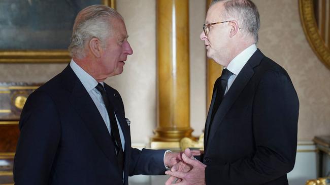 King Charles III meets PM Anthony Albanese when the monarch received Commonwealth realm prime ministers following the death of Queen Elizabeth II. (Photo by Stefan Rousseau / POOL / AFP)