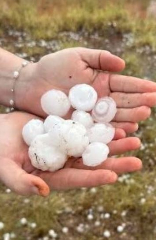 Large hail pictured about 40km from St George in Queensland’s southwest. Picture: Johanna/Higgins Storm Chasing