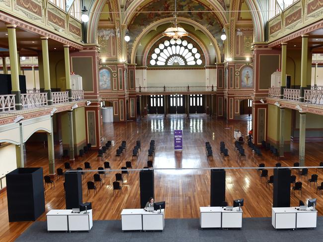 A mass vaccination centre is being set up at the Royal Exhibition Building in readiness for the second phase of the COVID jab rollout, which starts on Monday. Picture : Nicki Connolly