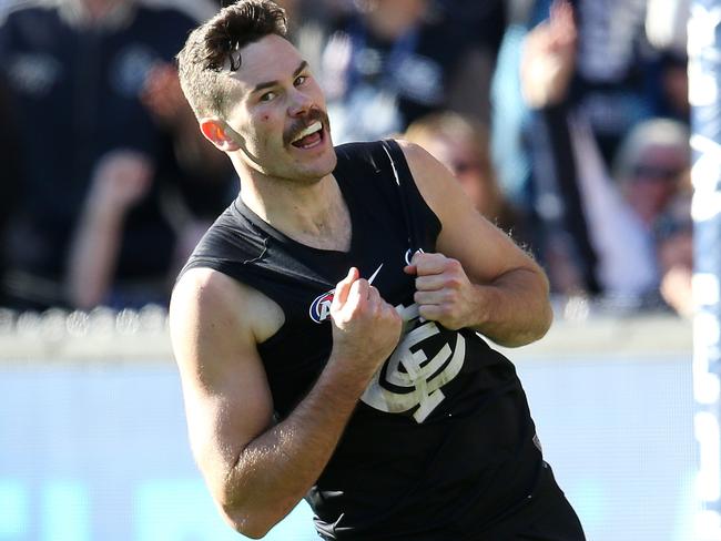 AFL Round 22. 17/08/2019. Carlton v St Kilda at the MCG .  Mitch McGovern of the Blues celebrates a goal in the 3rd qtr . Pic: Michael Klein