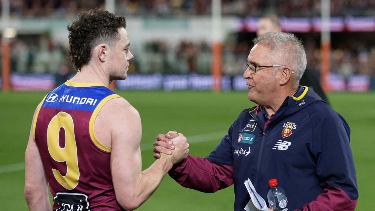 Lachie Neale and Chris Fagan after the Qualifying Final. Picture: Getty Images