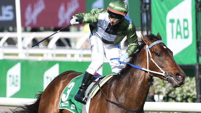 Brett Prebble celebrates as Incentivise proves too tough in the TAB Turnbull Stakes. Picture: Vince Caligiuri–Getty Images