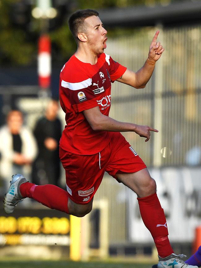 Anthony Ture celebrates scoring his second goal for Campbelltown City. Picture Mark Brake/Getty Images