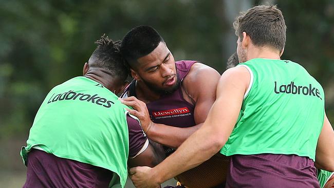 Payne Haas in action during Brisbane Broncos training at Clive Berghofer Field in Brisbane, Wednesday, August 28, 2019. (AAP Image/Jono Searle) NO ARCHIVING