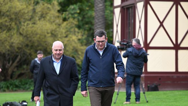 Former premier Daniel Andrews and Treasurer Tim Pallas. Picture: Tony Gough