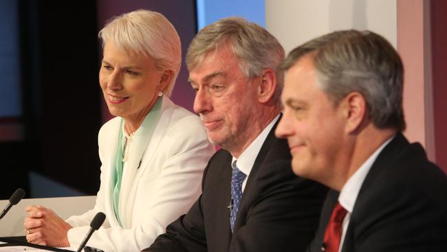 Then Westpac chief executive officer Gail Kelly, left, with Chairman Lindsay Maxstead (centre), and Brian Hartzer in 2014.