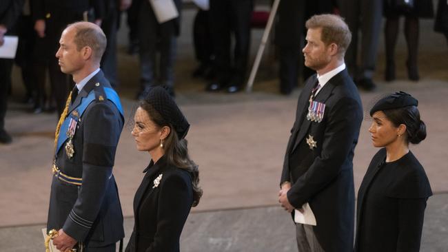 The brothers and their wives, once dubbed the Fab Four, as the coffin of the Queen arrives at Westminster Hall to lie in state. Picture: Darren Fletcher – WPA Pool/Getty Images